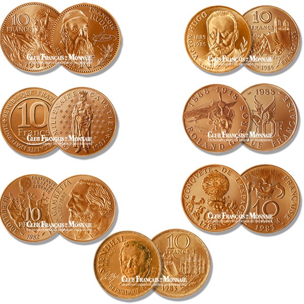 LE LOT DES 7 PIECES DE 10F COMMEMORATIFS