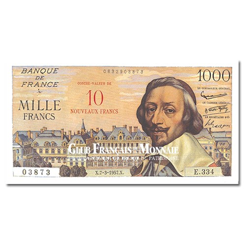 Billet de 10 Nouveaux Francs Richelieu Surchargé 1 000F 