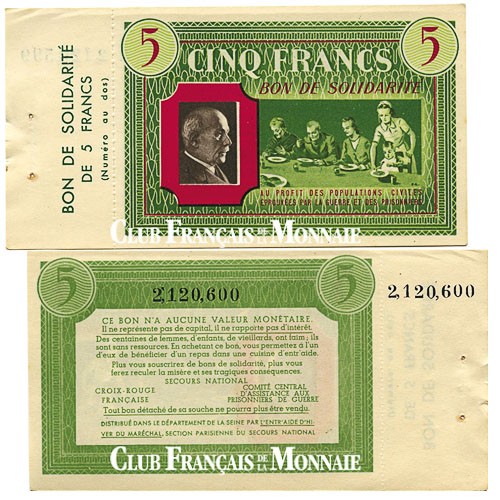 Bon de Solidarité de 5 Francs avec souche - France 1941-1943