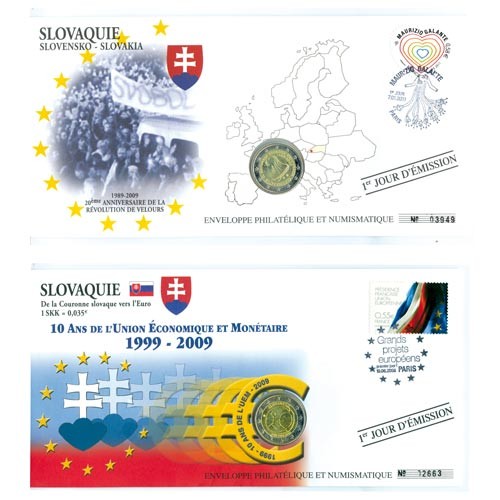 Lot de 2 ETM Slovaquie : ETM 2€ Slovaquie 10 ans de l'Euro + ETM 2€ Slovaquie 09 Révolution