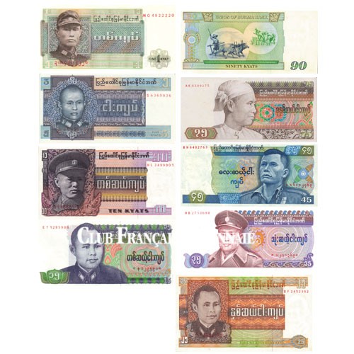 9 Billets en Kyats Birmanie 1972-1987