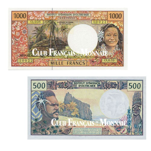 Lot de 2 billets 500 Francs + 1000 Francs CFP 1992-1996