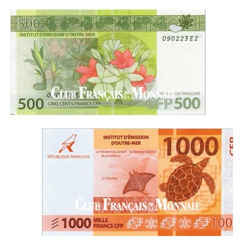 Lot de 2 billets 500 Francs + 1000 Francs CFP 2014