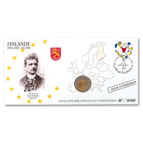 L’enveloppe “1er Jour” d’émission 2 Euro Finlande 2015 - 150 ans de la naissance de Jean Sibelius 