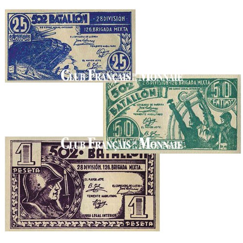 Lot de 3 billets Espagne 1937-1939 - Monnaie de nécessité Républicaine
