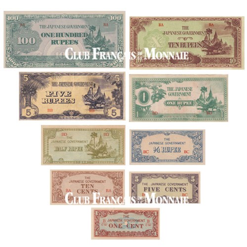 Lot de 9 billets Birmanie 1942-1944 - Monnaie d’invasion japonaise