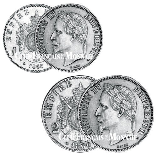 Lot de 1 Franc et 2 Francs Napoléon III Tête Laurée SUP