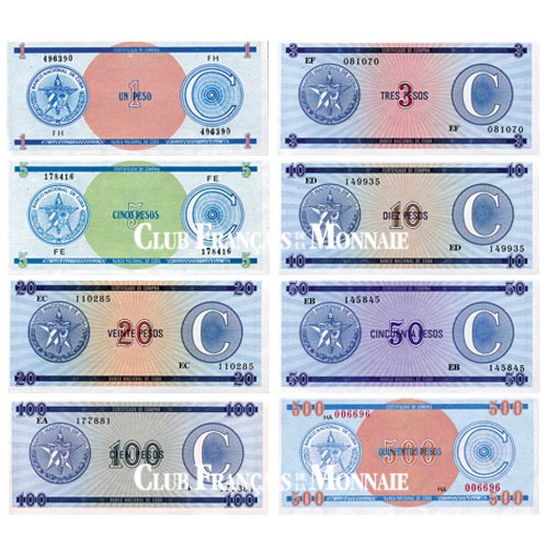 Lot de 8 billets Cuba