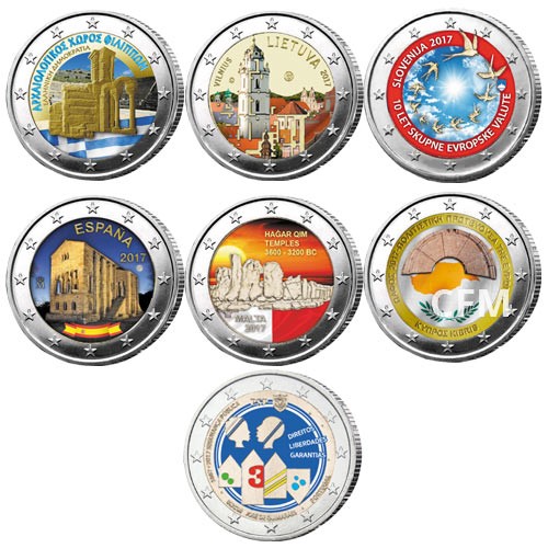 Lot des 14 x 2 Euro colorisées 2017 Lot des 14 x 2 Euro colorisées 2017