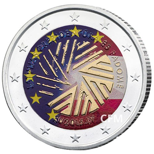 2 Euro Lettonie 2015 colorisée - Présidence de l’Union Européenne
