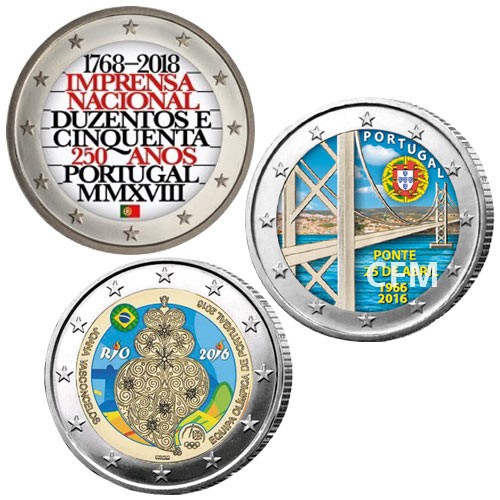 Lot des 3 x 2 Euro Portugal colorisées Lot des 3 x 2 Euro Portugal colorisées