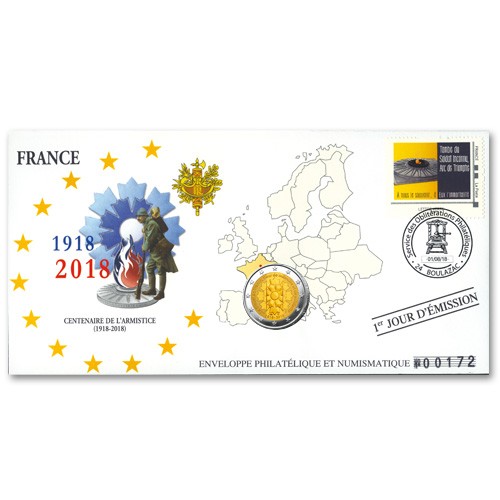 Enveloppe "1er jour" d'émission 2 Euro France 2018 Centenaire de l’Armistice Enveloppe "1er jour" d'émission 2 Euro France 2018 Centenaire de l’Armistice