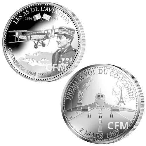 Lot de 2 pièces commémoratives "Guynemer, l’As des As" + Premier vol du Concorde