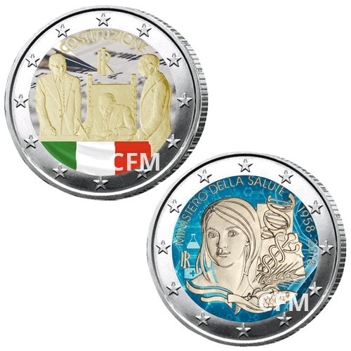 Lot des 2 x 2 Euro Italie colorisées 2018