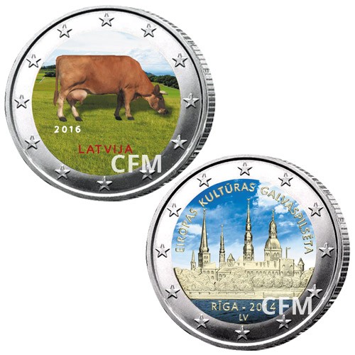 Lot des 2 x 2 Euro colorisées Lettonie 2016/2014 Lot des 2 x 2 Euro colorisées Lettonie 2016/2014