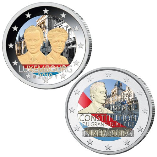 Lot des 2 x 2 Euro Luxembourg 2019-2018 colorisées Lot des 2 x 2 Euro Luxembourg 2019-2018 colorisées