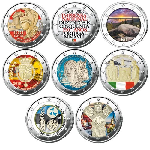 Lot des 8 x 2 Euro 2018 colorisées Lot des 8 x 2 Euro 2018 colorisées