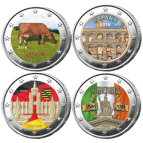 Lot des 4 x 2 Euro 2016 colorisées