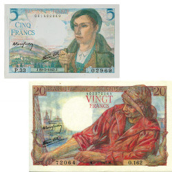 Lot des  2 billets 5 Francs et 20 Francs