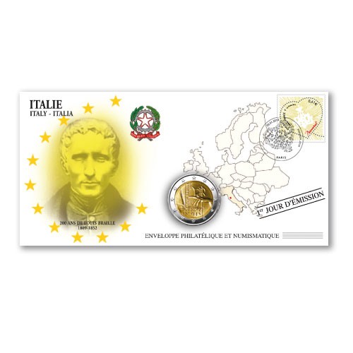 L'enveloppe "1er Jour" d'émission 2 Euro Italie 2009 - Louis Braille L'enveloppe "1er Jour" d'émission 2 Euro Italie 2009 - Louis Braille