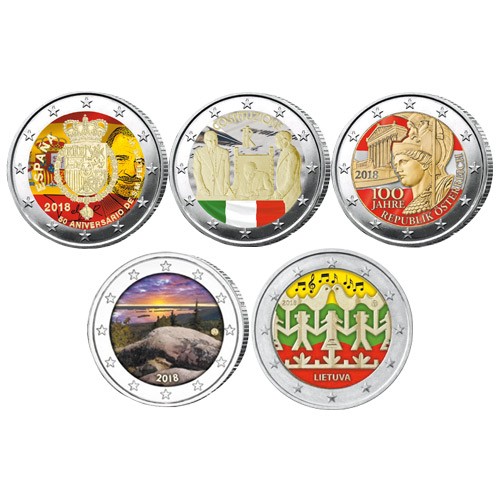 Lot des 5 x 2 Euro colorisées 2018 Lot des 5 x 2 Euro colorisées 2018