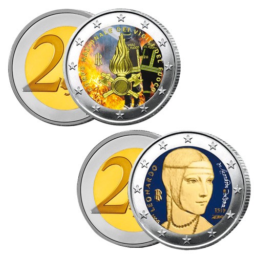 Lot des 2 x 2 Euro Italie 2020-2019 colorisées Lot des 2 x 2 Euro Italie 2020-2019 colorisées