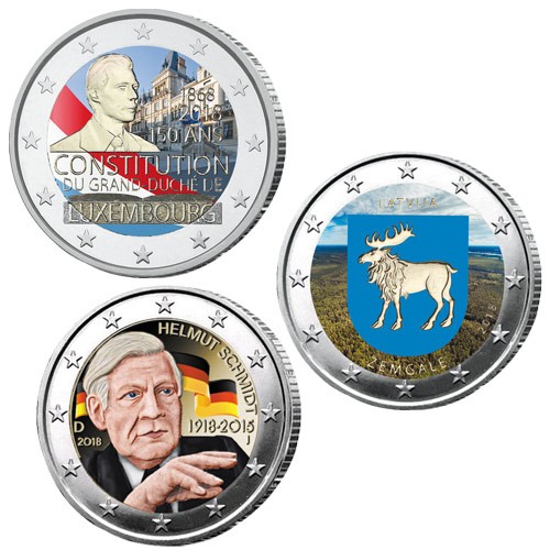 Lot des 3 x 2 Euro colorisées 2018 Lot des 3 x 2 Euro colorisées 2018