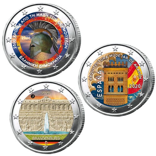 Lot des 3 x 2 Euro colorisées 2020 Lot des 3 x 2 Euro colorisées 2020