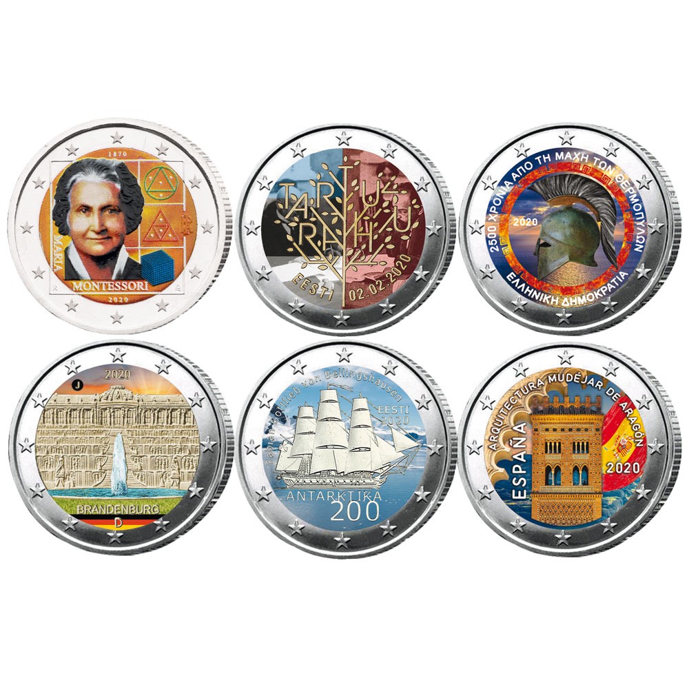 Lot des 6 x 2 Euro 2020 colorisées Lot des 6 x 2 Euro 2020 colorisées