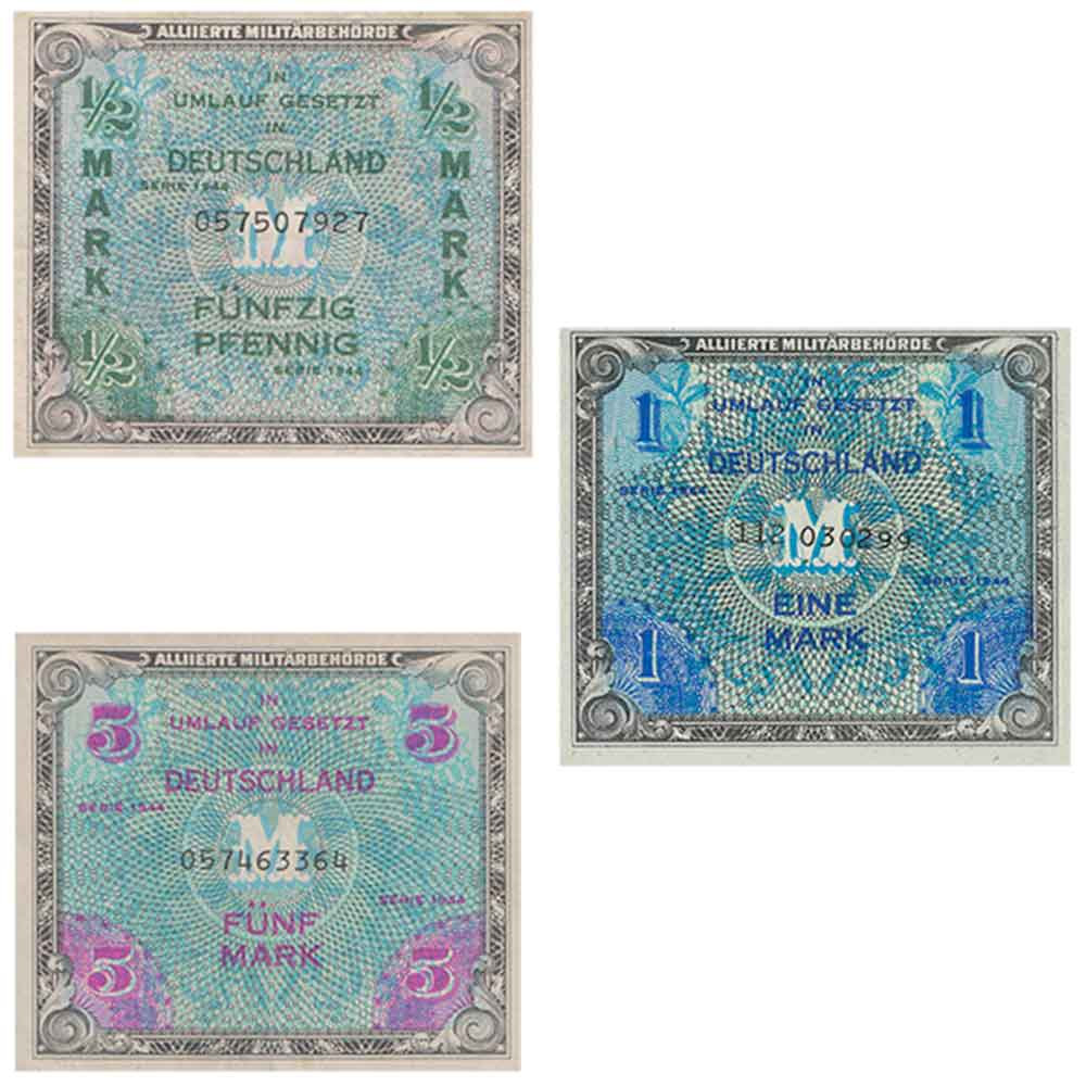 Lot 3 billets, ½, 1, 5 Marks Allemagne 1944