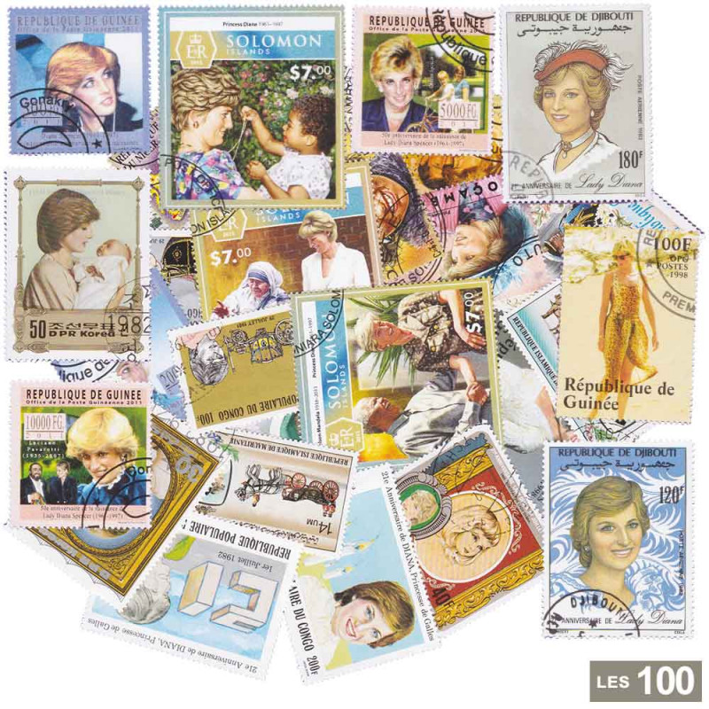 Lot de 50 timbres différents Lady Diana (timbres pour collectionneurs), célébrités, films, théâtre