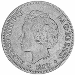 5 Pesetas Argent Espagne 1892-1894 - Roi Alfonso XIII jeune enfant