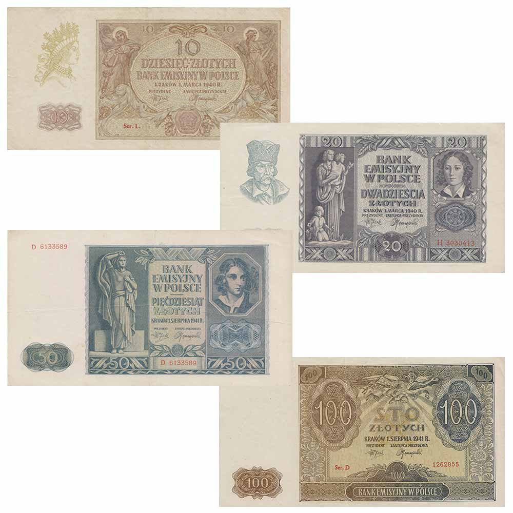 Lot de 4 billets Zlotych Pologne 1940-1941