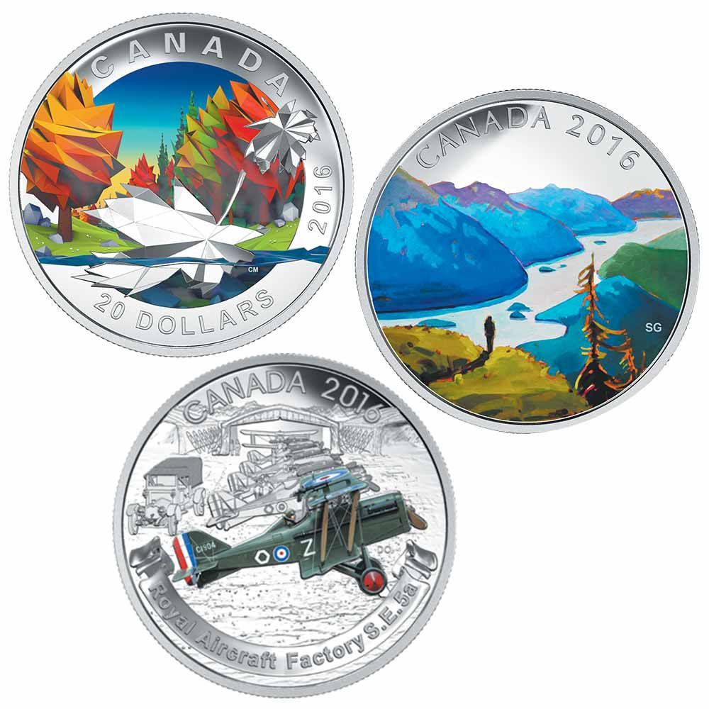 Lot 3 x 20 Dollars Argent Canada BE colorisées