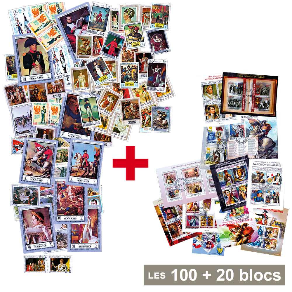 Lot de 100 timbres + 20 blocs-feuillets 220 ans Napoléon Ier