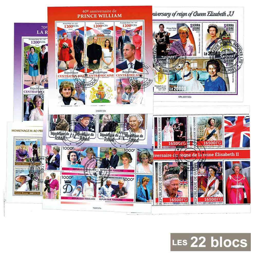 22 blocs feuillets Reine Élisabeth II et sa famille