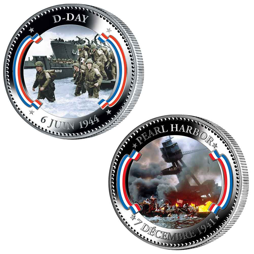 Lot de 2 pièces de collection D-Day et Pearl Harbor colorisées