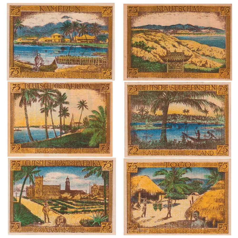 Lot de 6 billets de nécessité Allemagne - Colonies Afrique, Asie et Océanie