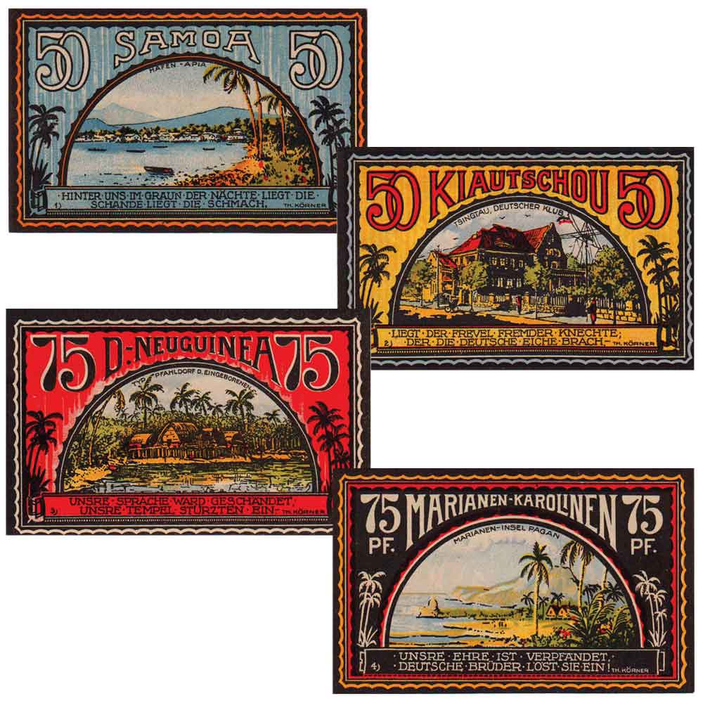 Lot de 4 billets de nécessité Allemagne - Colonies en Asie et Océanie