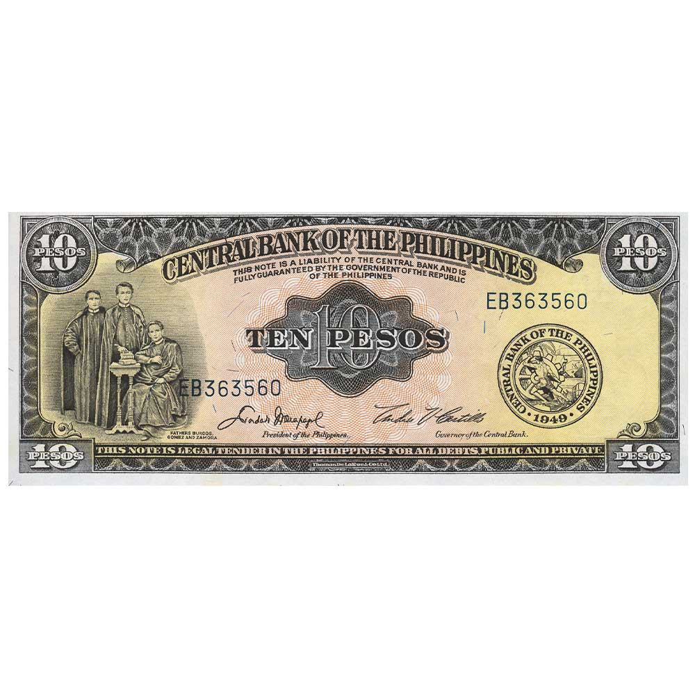 10 Pesos Philippines 1949 - 3 prêtres et réformateurs executés ensemble en 1872