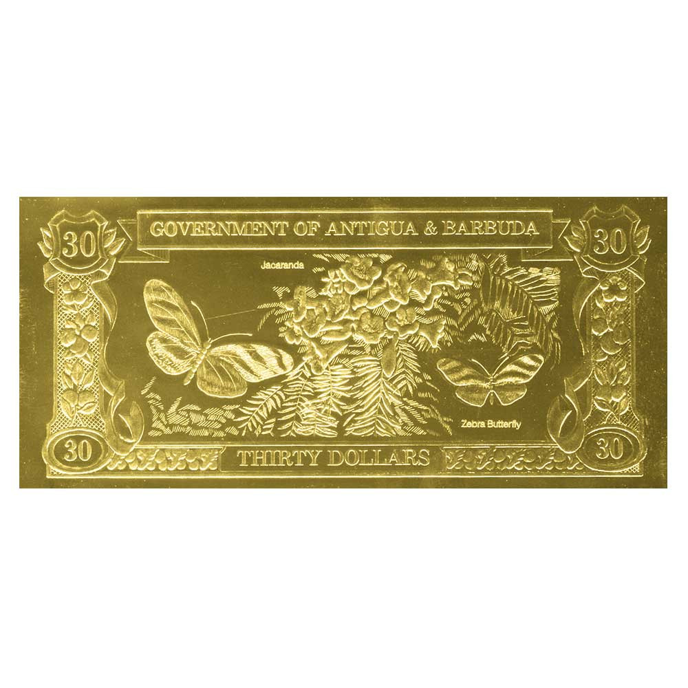 30 Dollars Or Antigua-et-Barbuda 1983 - Papillon zèbre et fleur de Jacaranda