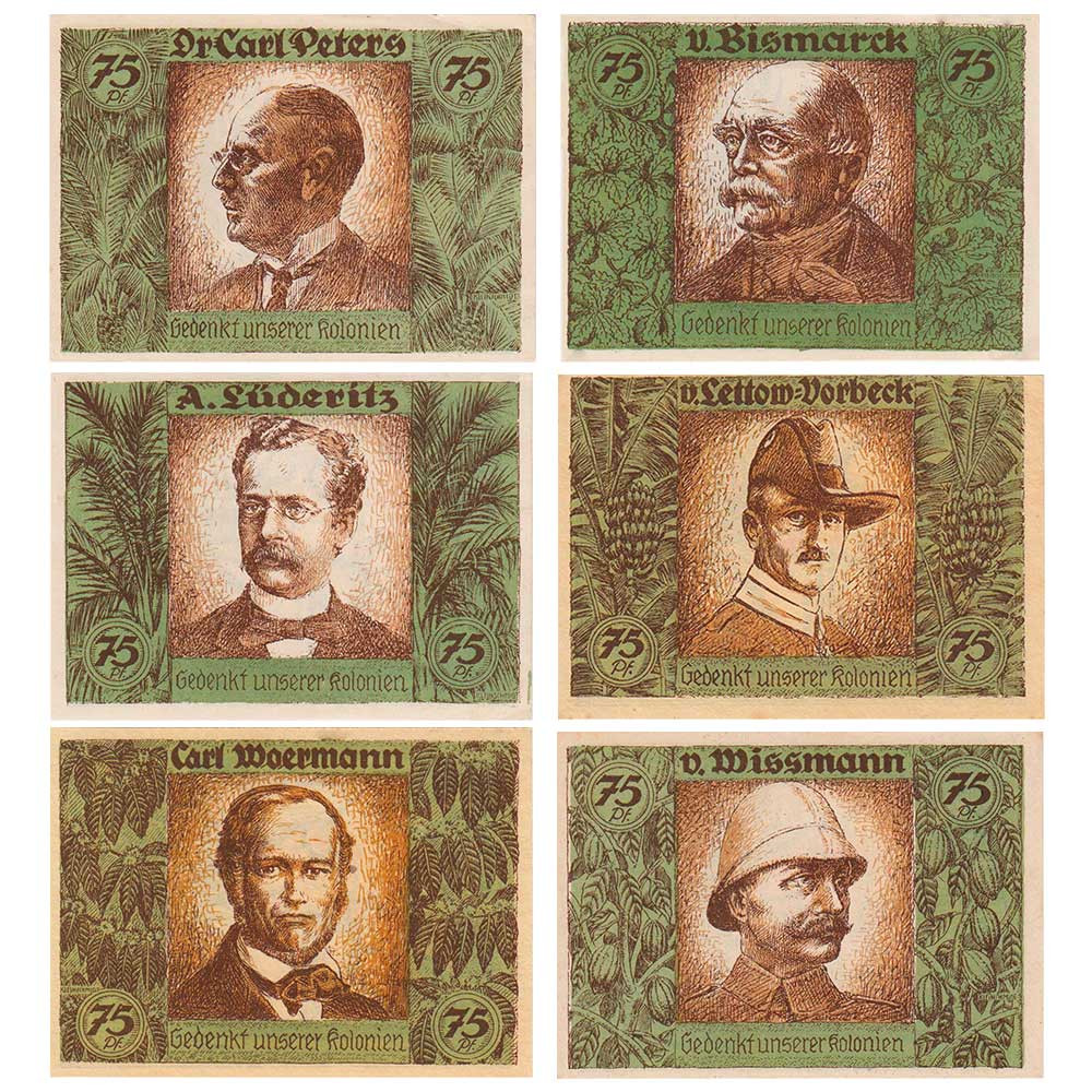 6 billets de 75 Pfennigs Allemagne 1921 - Pionniers coloniaux allemands