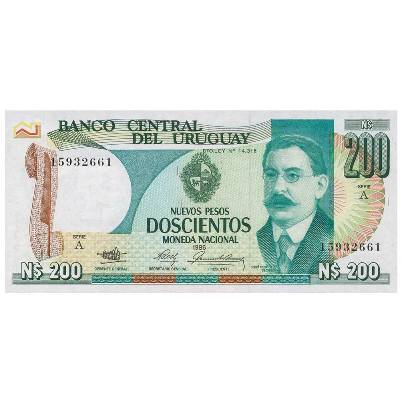 200 Nouveaux Pesos Uruguay 1986 - José Enrique Rodó Piñeyro - Trésor du ...