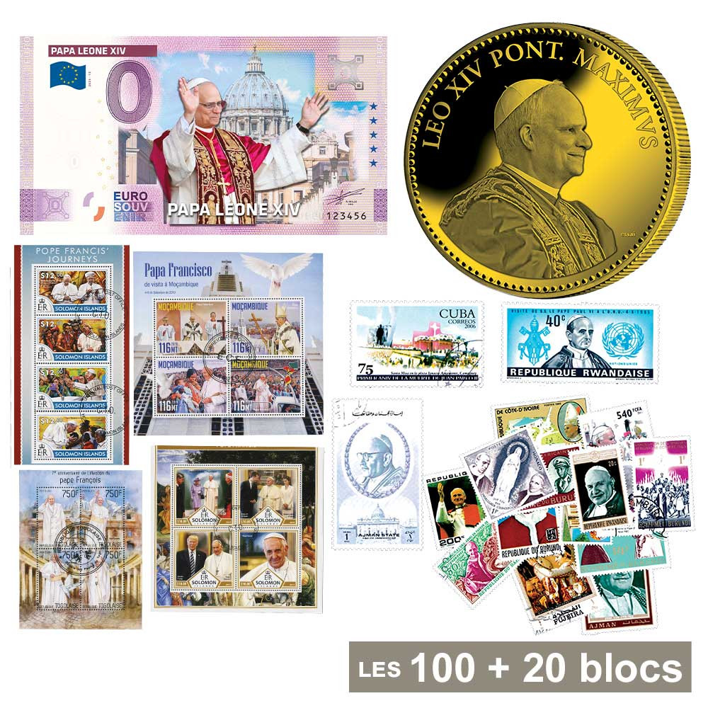 Lot 100 timbres* + 20 blocs-feuillets* + 1 pièce de collection + 1 billet souvenir