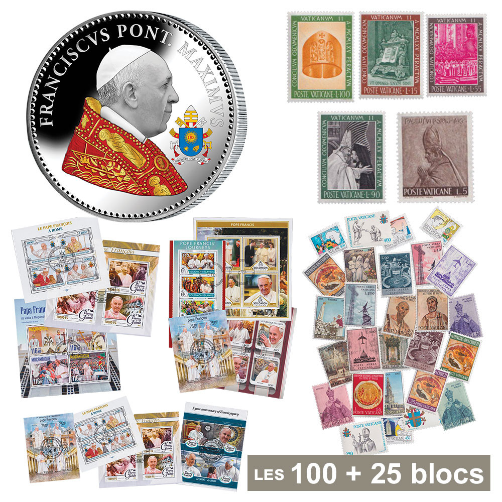 Lot de 100 timbres + 10 blocs-feuillets + 1 pièce de collection - IN MEMORIAM - Pape François