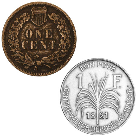 Lot 1 Cent USA et 1 Franc Guadeloupe - Tête d’indien