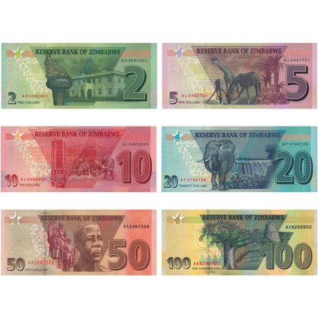 Lot 6 billets Dollars Zimbabwe 2019-2020