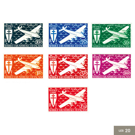 20 timbres Poste aérienne des 6 territoires de l'Empire Français