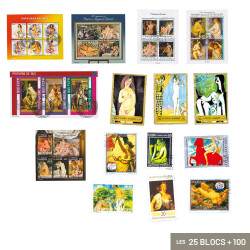 Lot 100 timbres + 25 blocs-feuillets