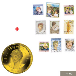 Lot de 100 timbres + 1 pièce de collection Lady Di